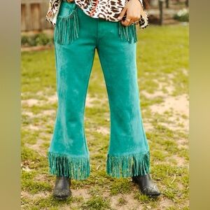 Rhinestone Fringe Crop Pants - Turquoise